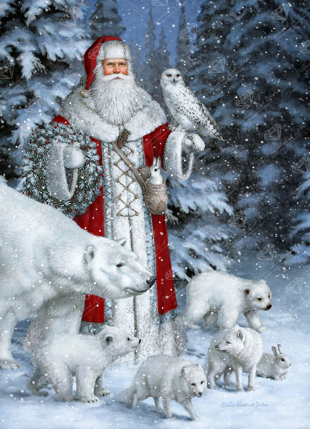 Red Arctic Santa with Polar Bears, Foxes, Owl W8